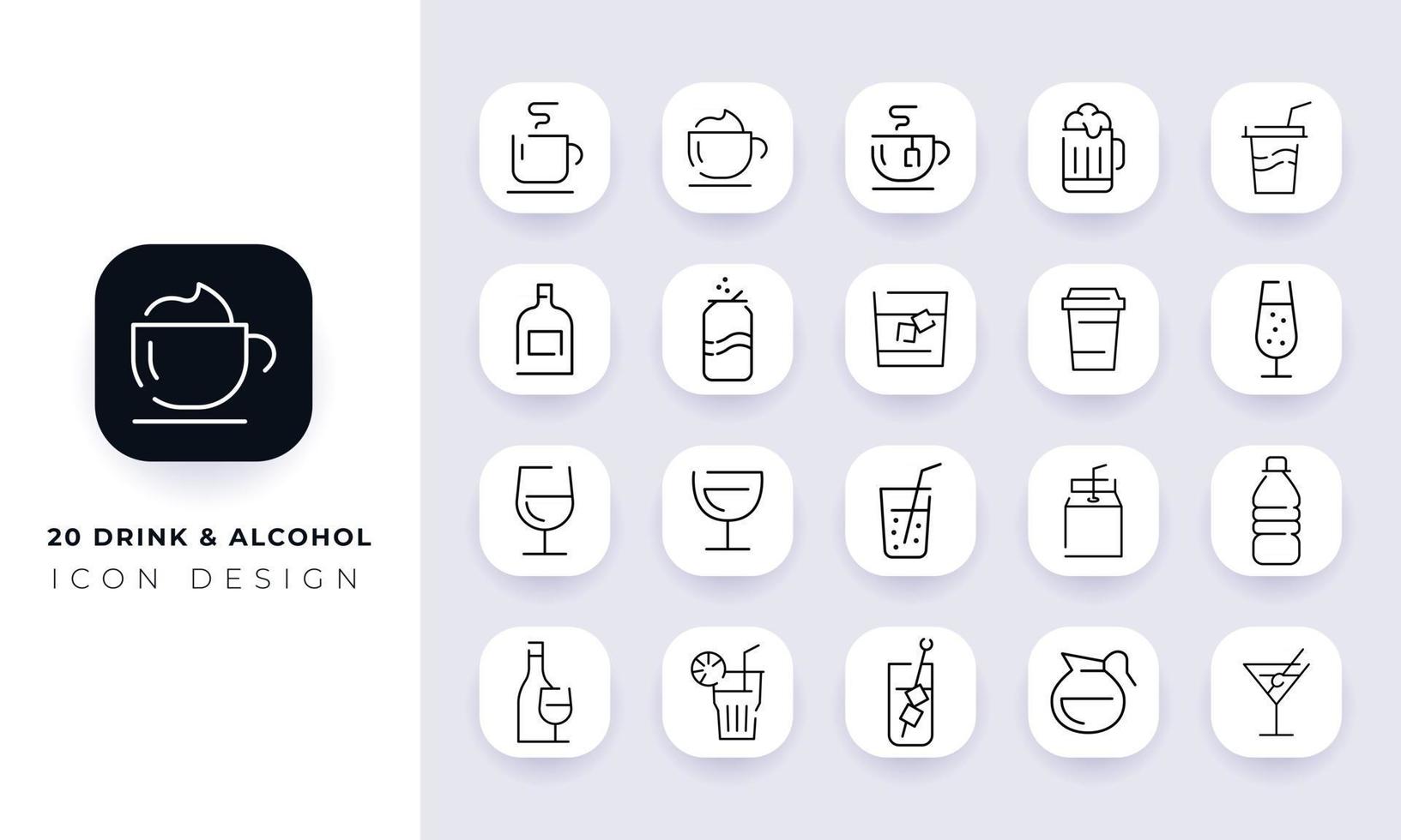 Line art incomplete drink and alcohol icon pack. vector