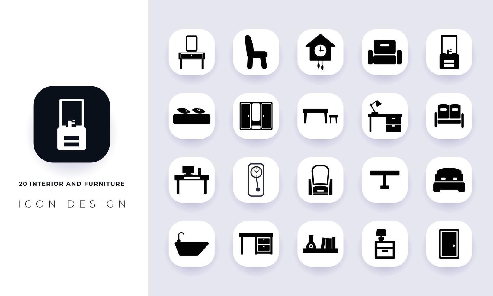 interior plano mínimo y paquete de iconos de muebles. vector