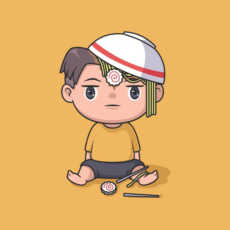 Funny boy with ramen on his head vector