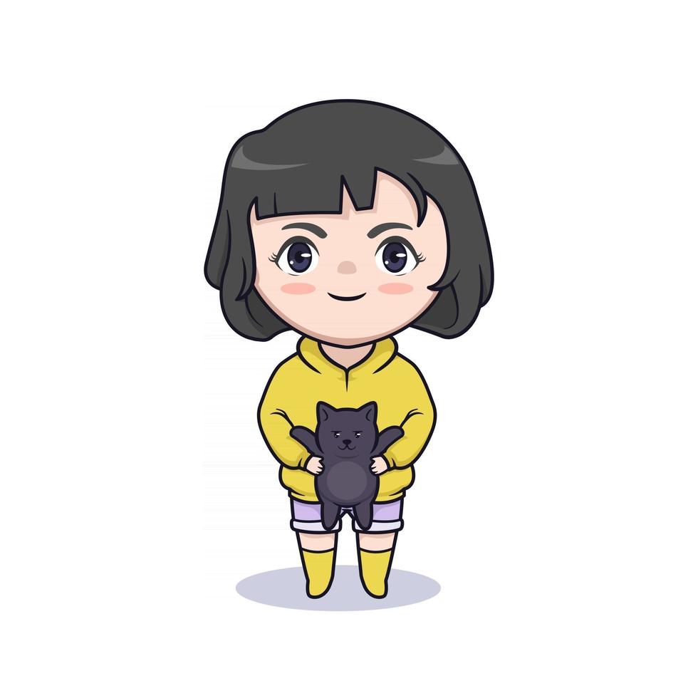Cute chibi girl holding cat illustration vector