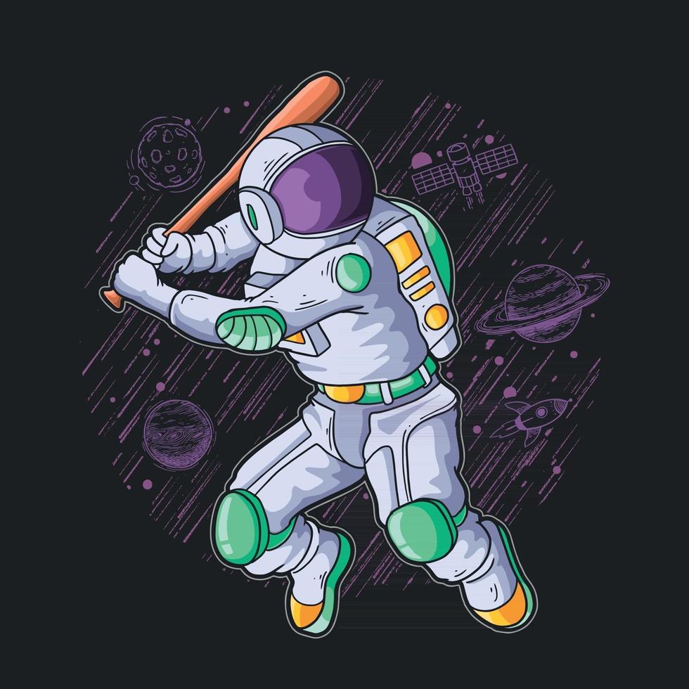 astronauta juega pelota base en la ilustración de la galaxia vector