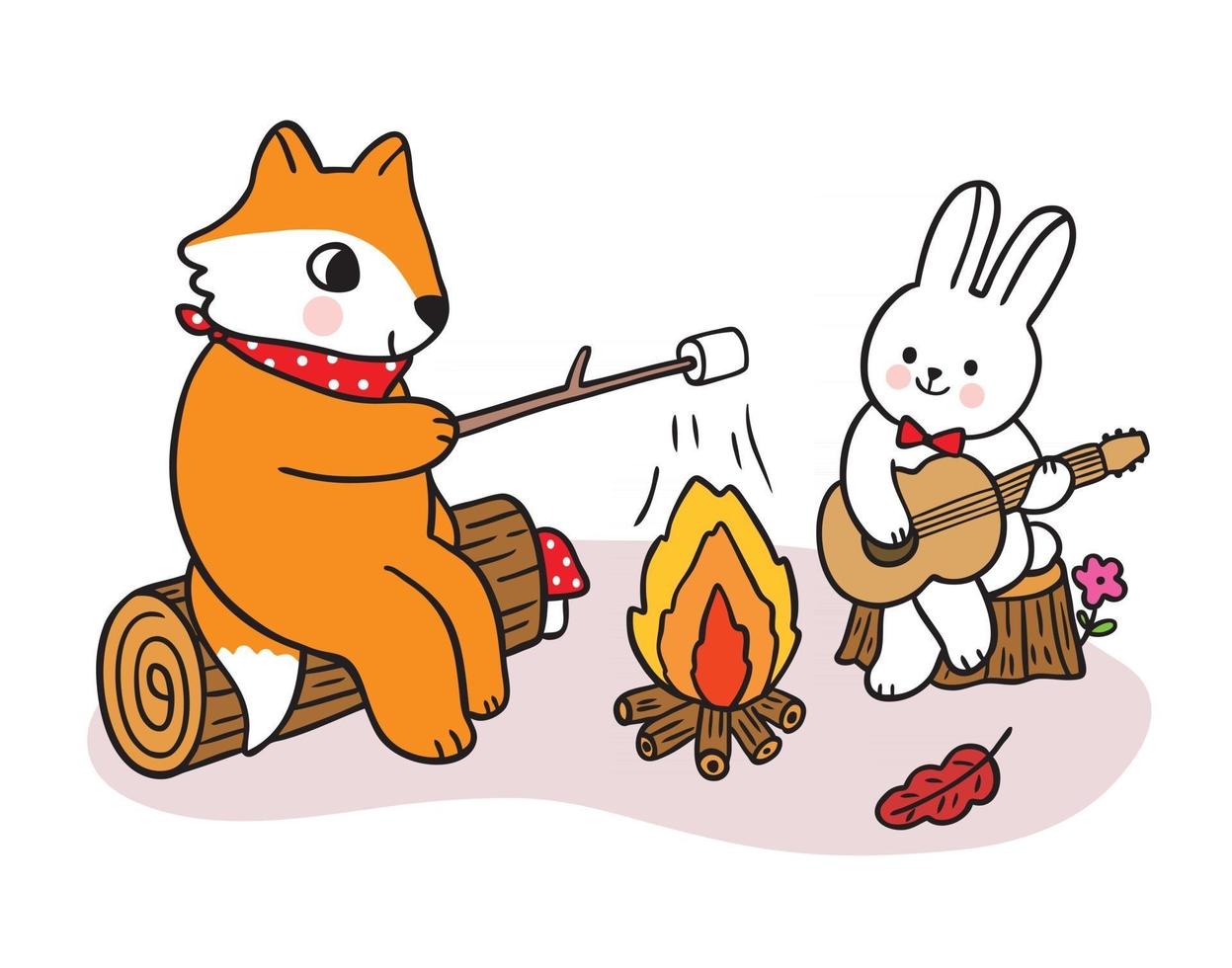 Cartoon cute hand draw fox and rabbit camping in Autumn vector. vector