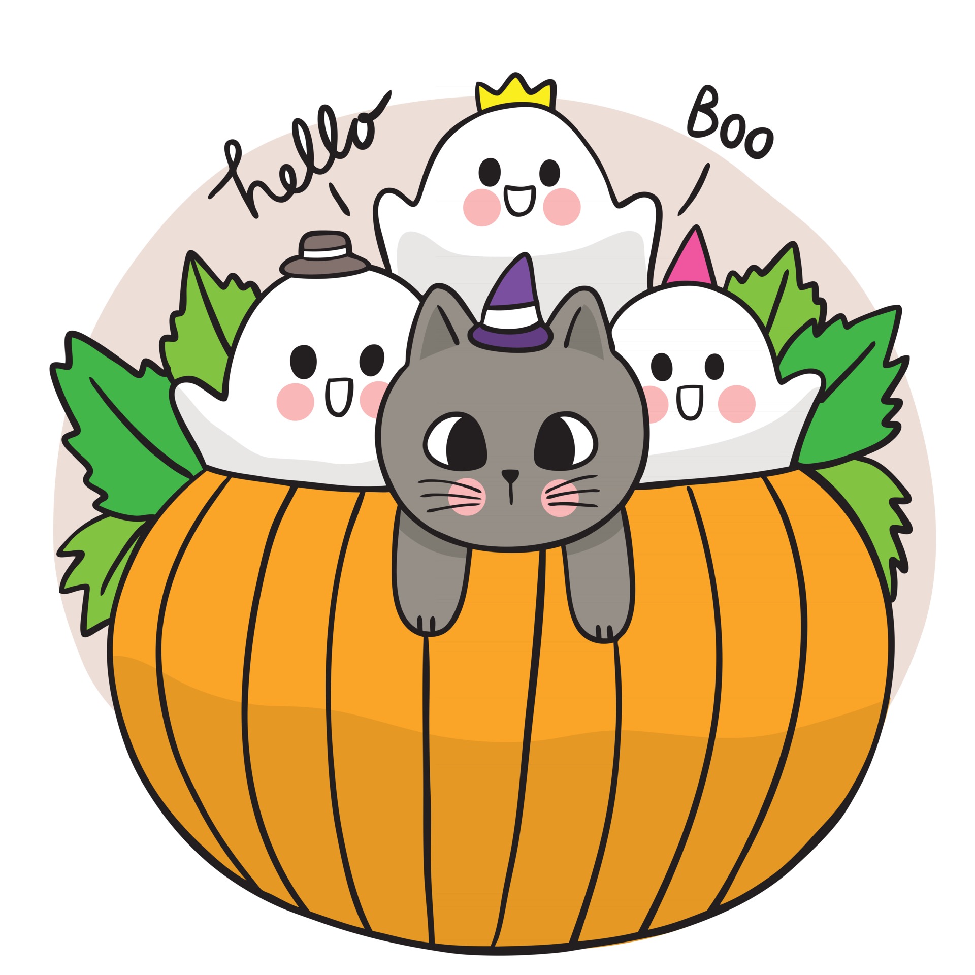 Cartoon cute hand draw black cat and ghost in pumpkin vector ...