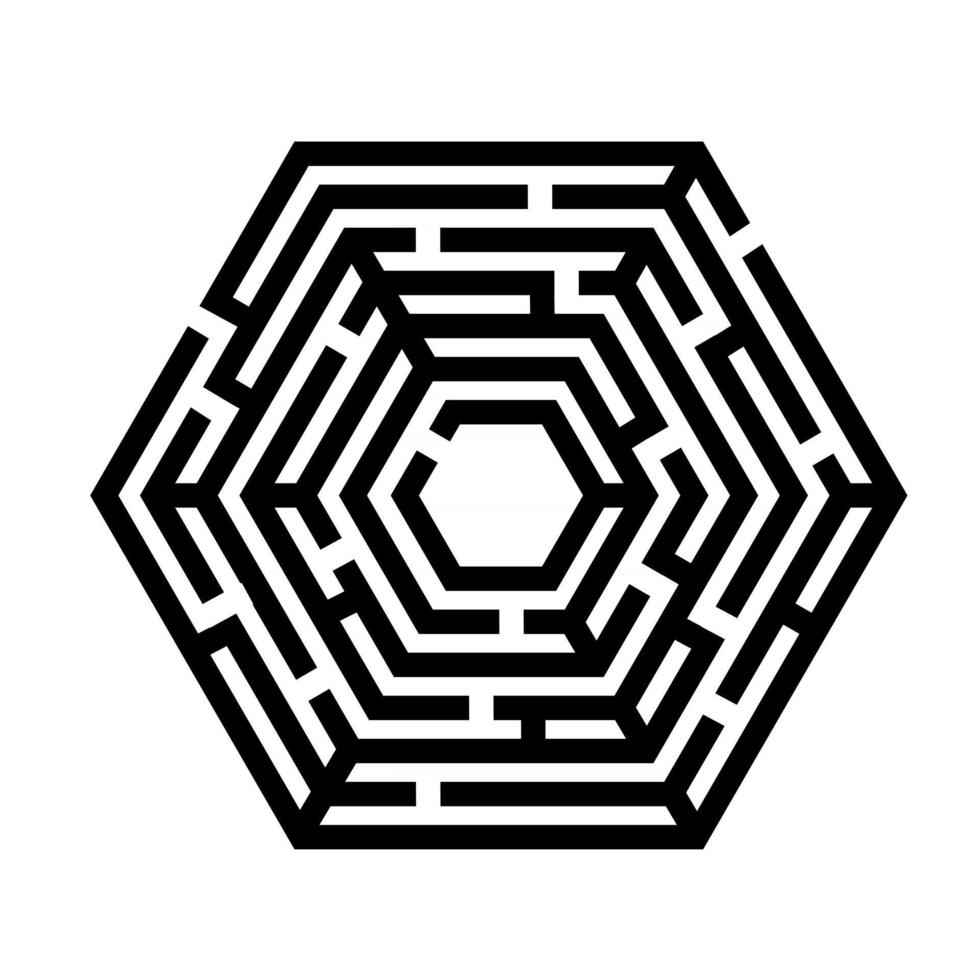 Hexagon labyrinth black on white. Logic conundrum for kids. One right vector