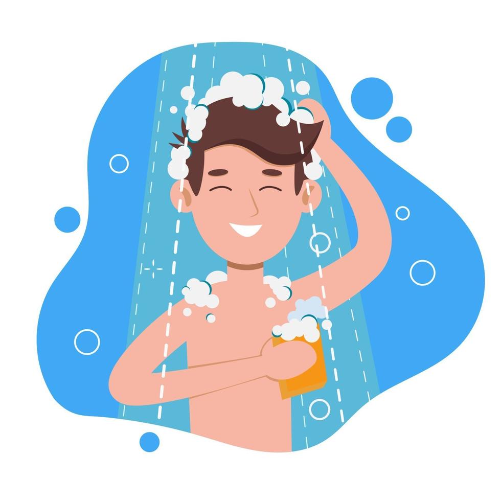 Young man taking shower in bathroom. Washes head, hair and body vector