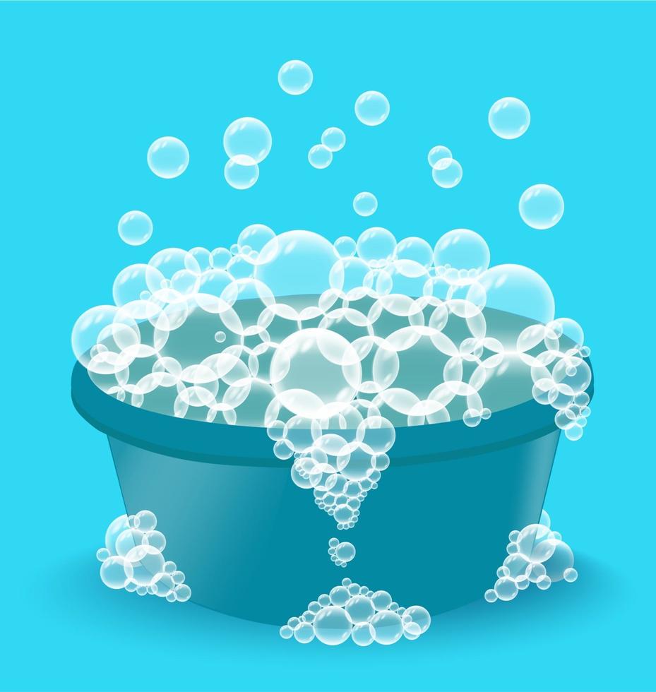 Blue plastic basin with soap suds. Bowl with bubbles vector