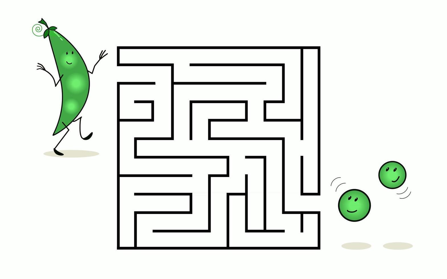 Square maze labyrinth with cartoon characters. Cute green pea vector