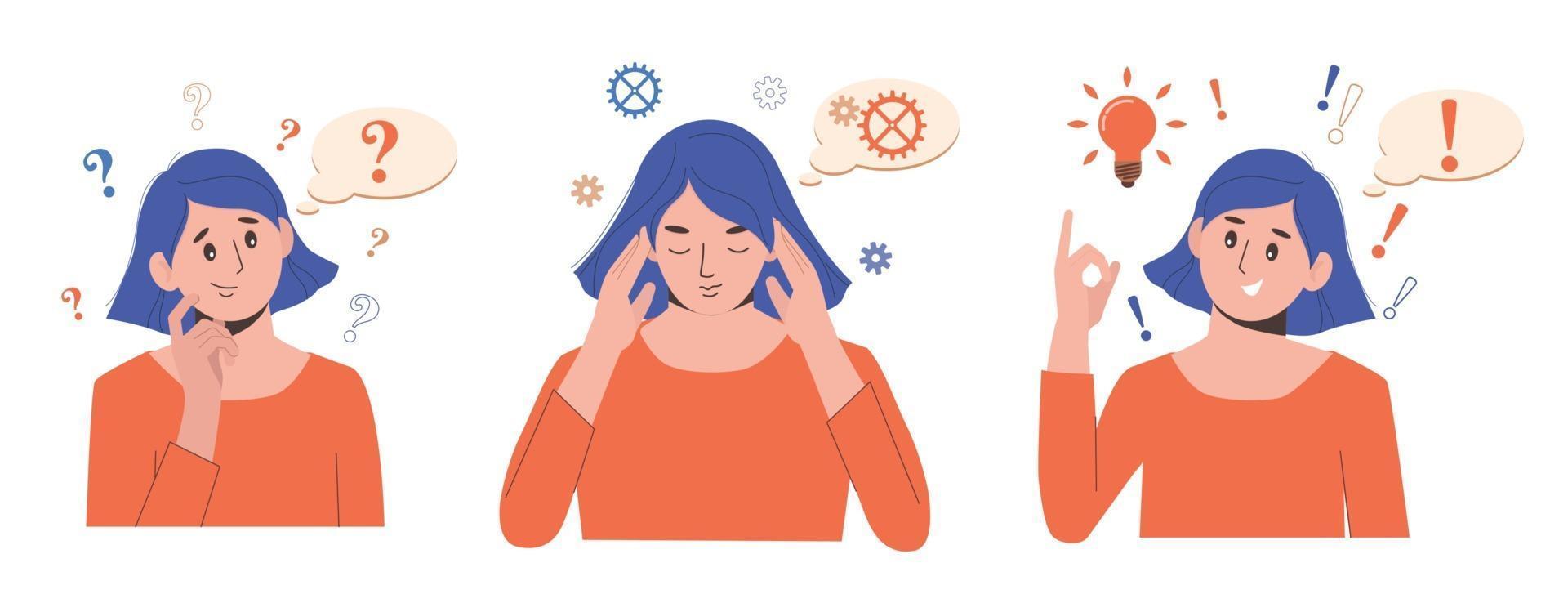 Problem solving concept. Woman thinks and solves a problem. vector