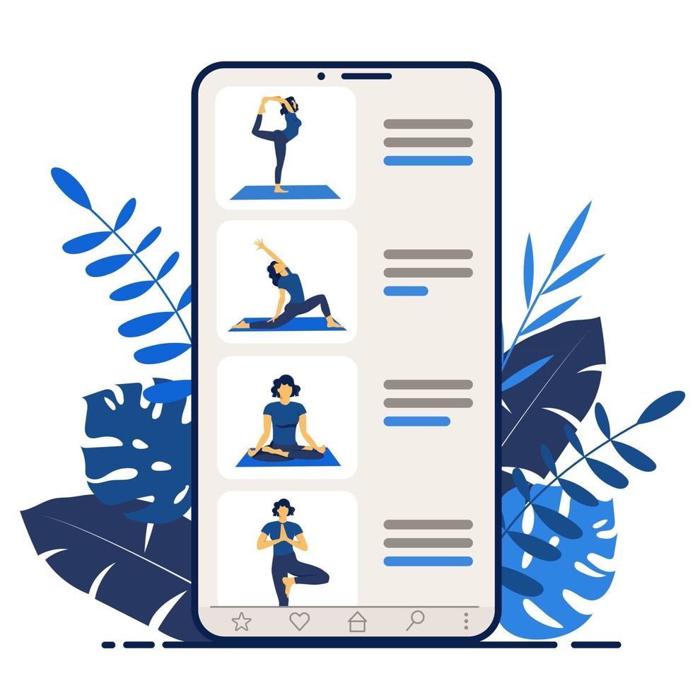 yoga en línea. entrenador de chica en la pantalla de un teléfono inteligente lleva a cabo una lección. vector