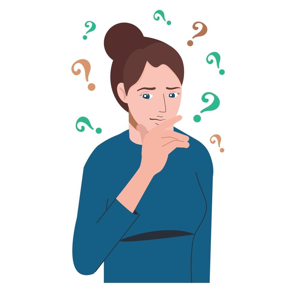 Portrait of young troubled woman. Girl with question mark in think vector
