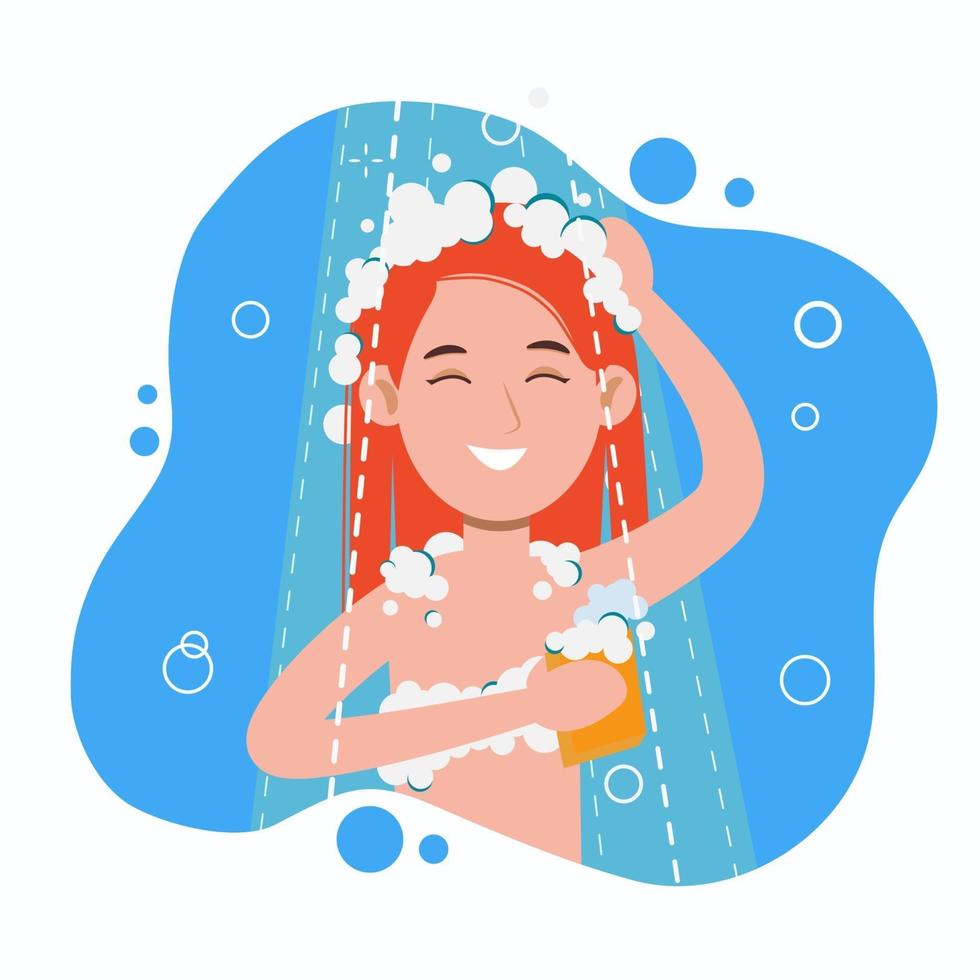 Young woman taking shower in bathroom. Washes head, hair and body vector