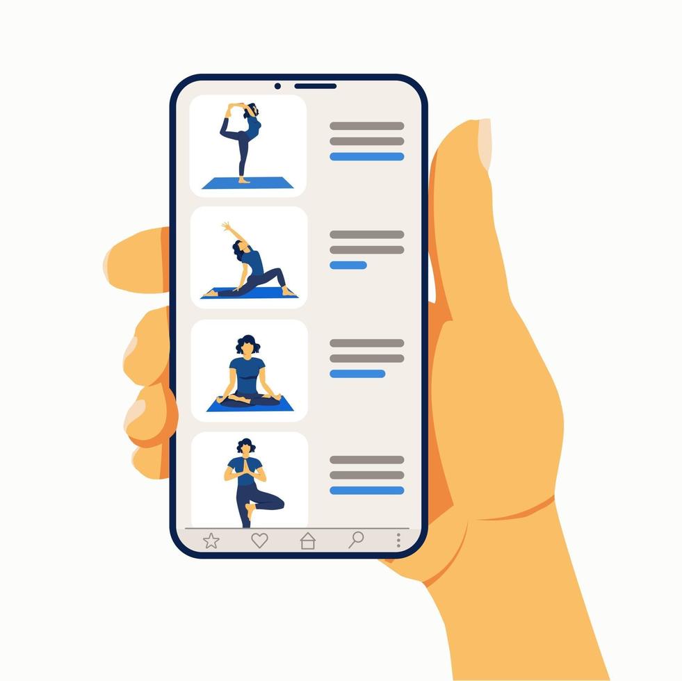 Yoga online. Girl coach on a smartphone screen conducts a lesson vector