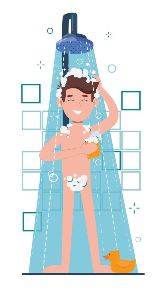 Young man taking shower in bathroom. Washes head, hair and body vector