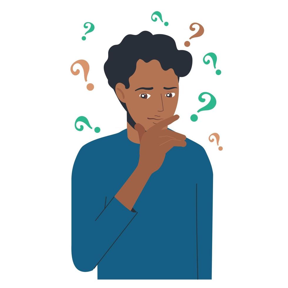 Portrait of young troubled black man. Boy with question mark vector