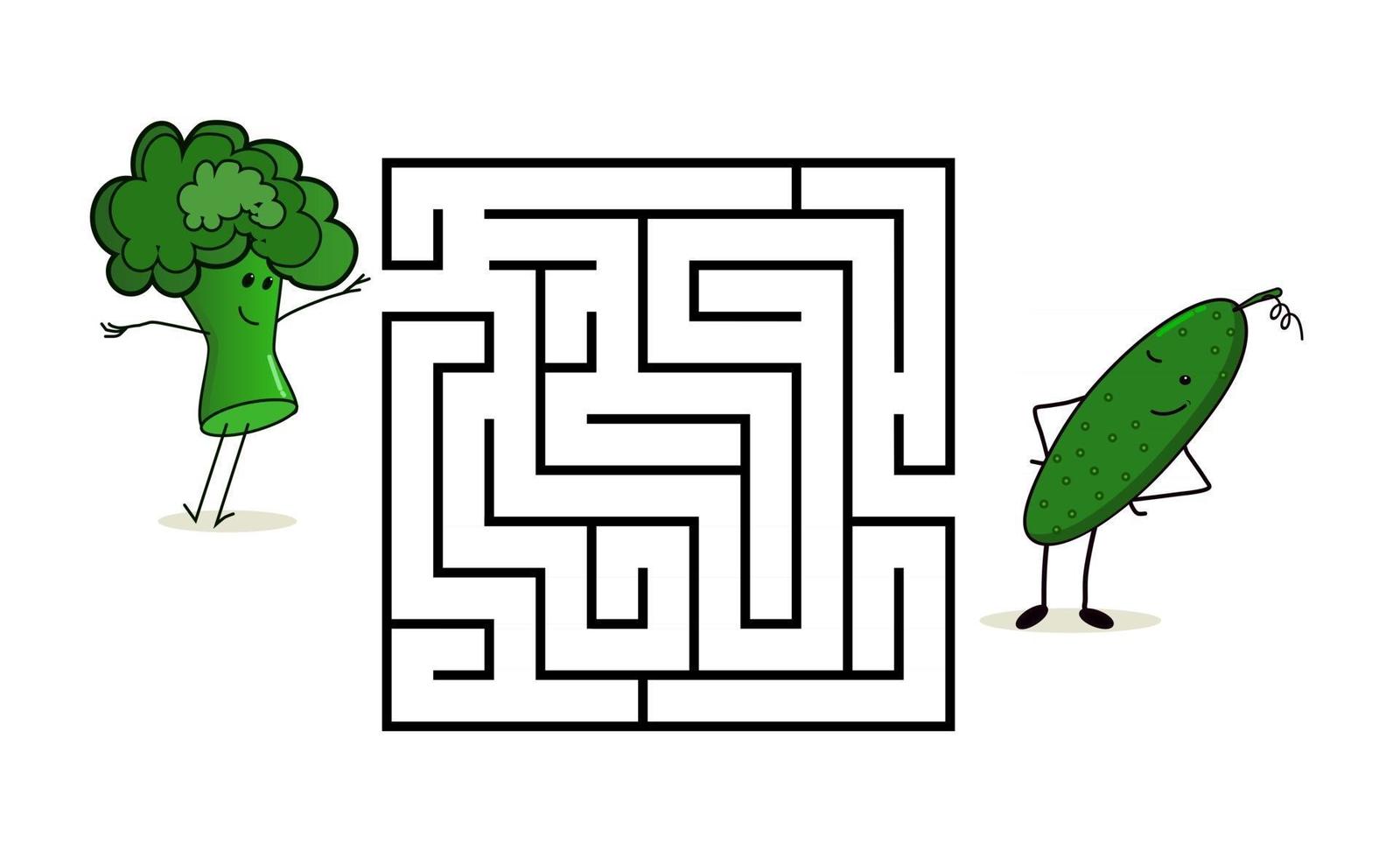 Square maze labyrinth with cartoon characters. Cute cucumber vector