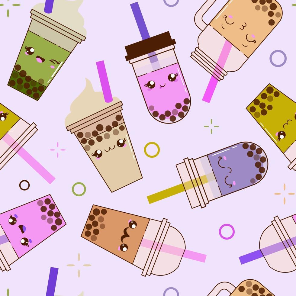 Kawaii de patrones sin fisuras con té con leche de burbujas de boba sobre fondo violeta vector