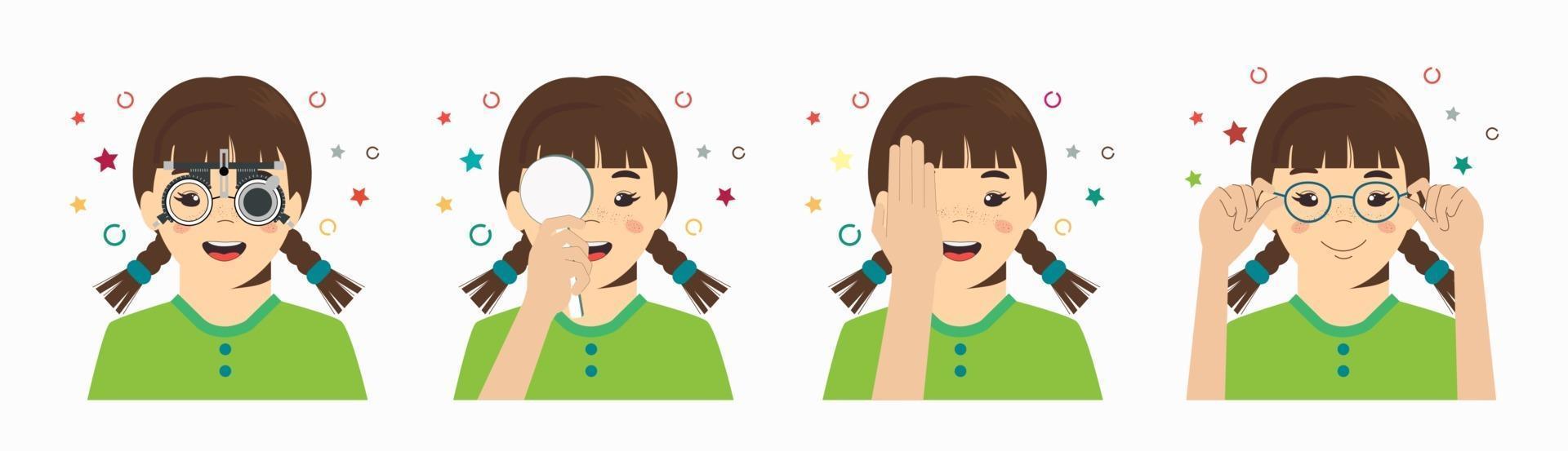 Girl vision checkup in ophthalmological clinic. Optometrist checking vector