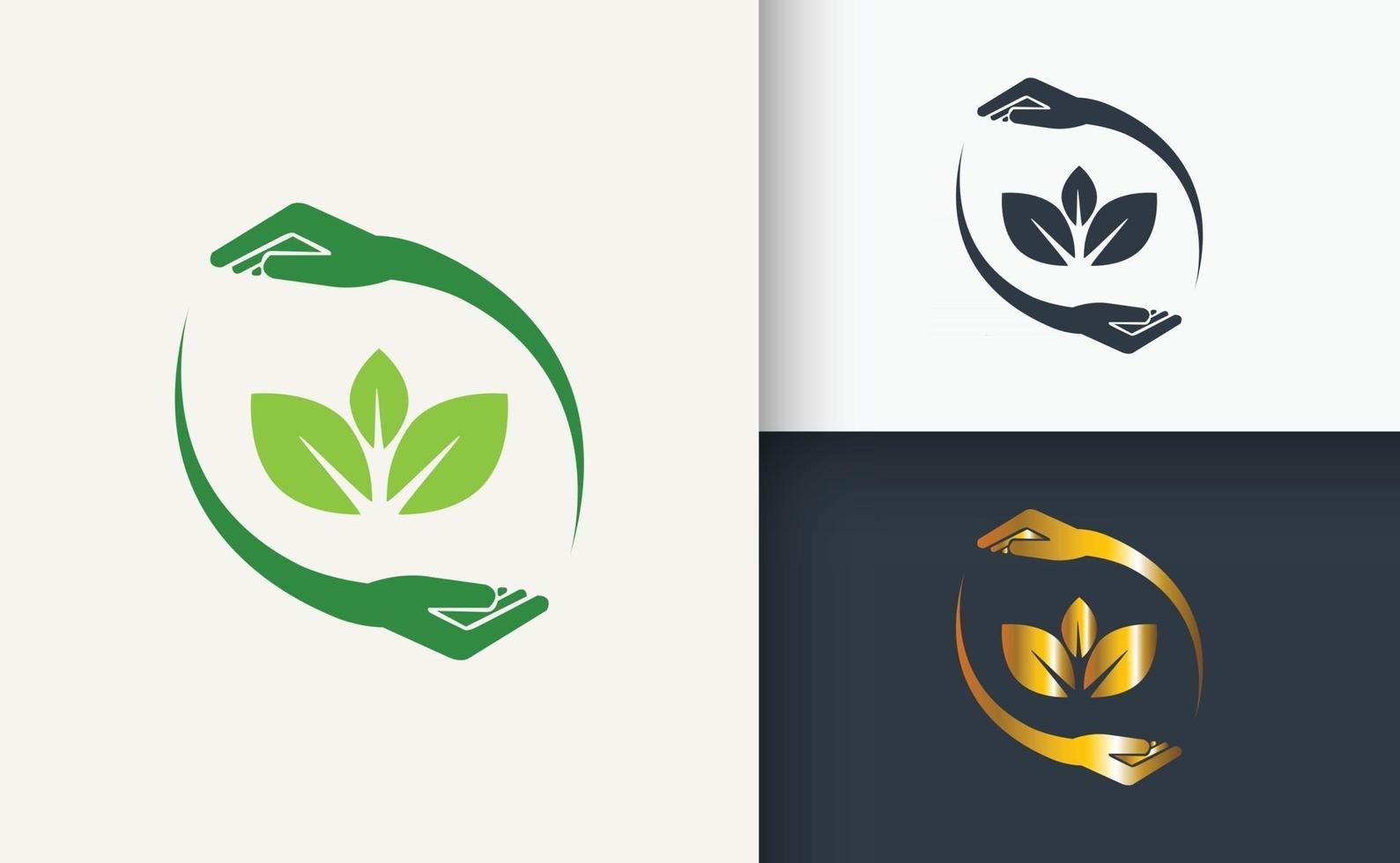 diseño de logotipo natural hoja verde dorada y negra vector