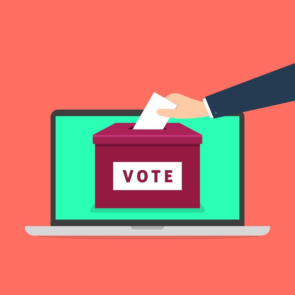 Hand putting voting paper in the ballot box on a laptop screen vector