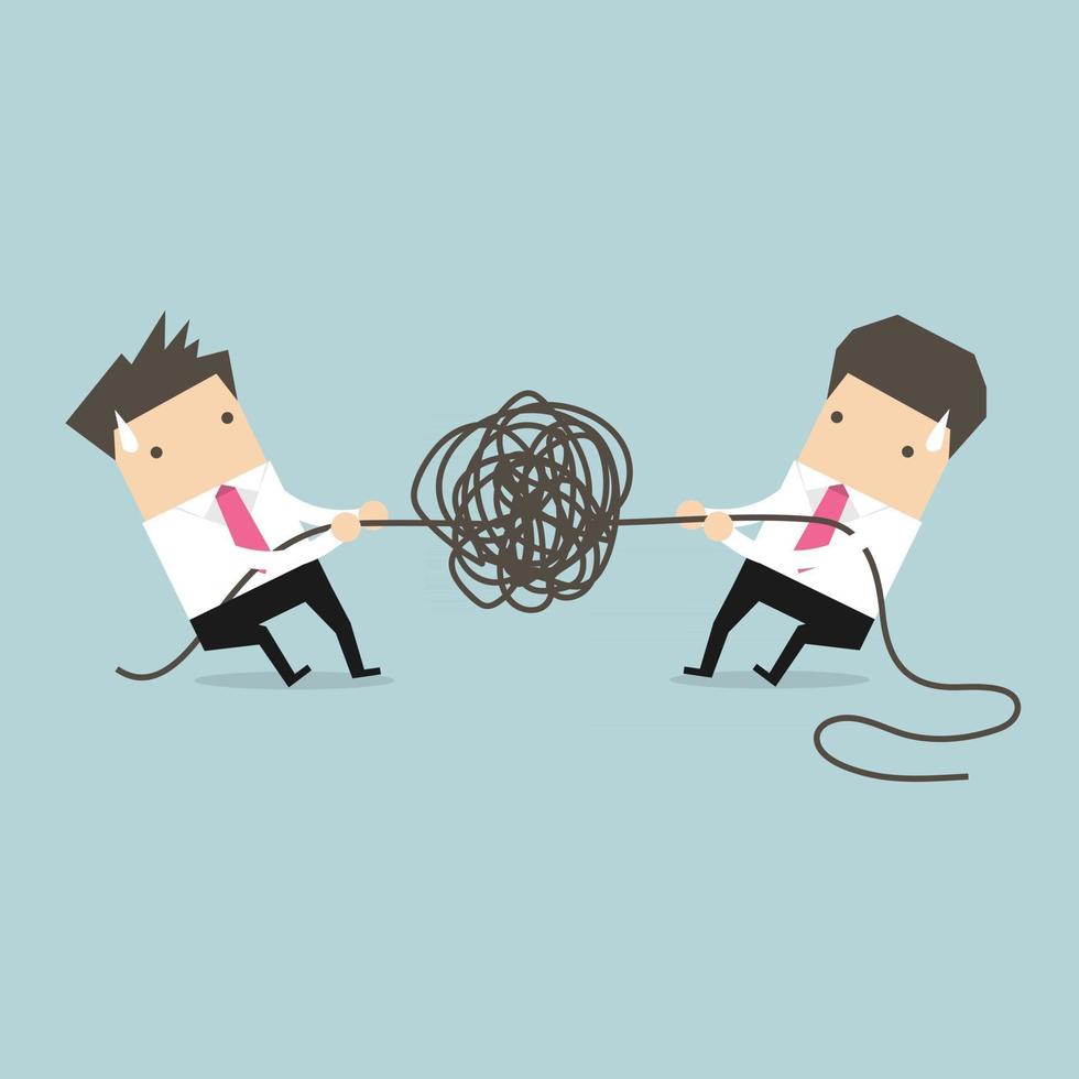 Businessman trying to unravel tangled rope or cable. vector