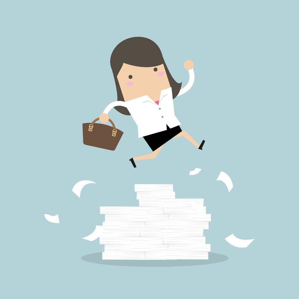 Businesswoman or manager jumping over obstacles. vector