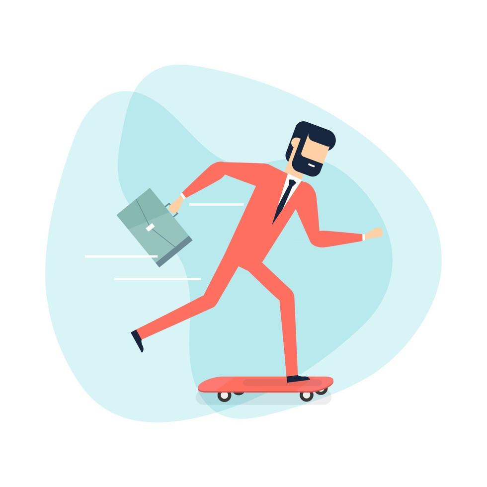 Businessman on skateboard with briefcase. vector