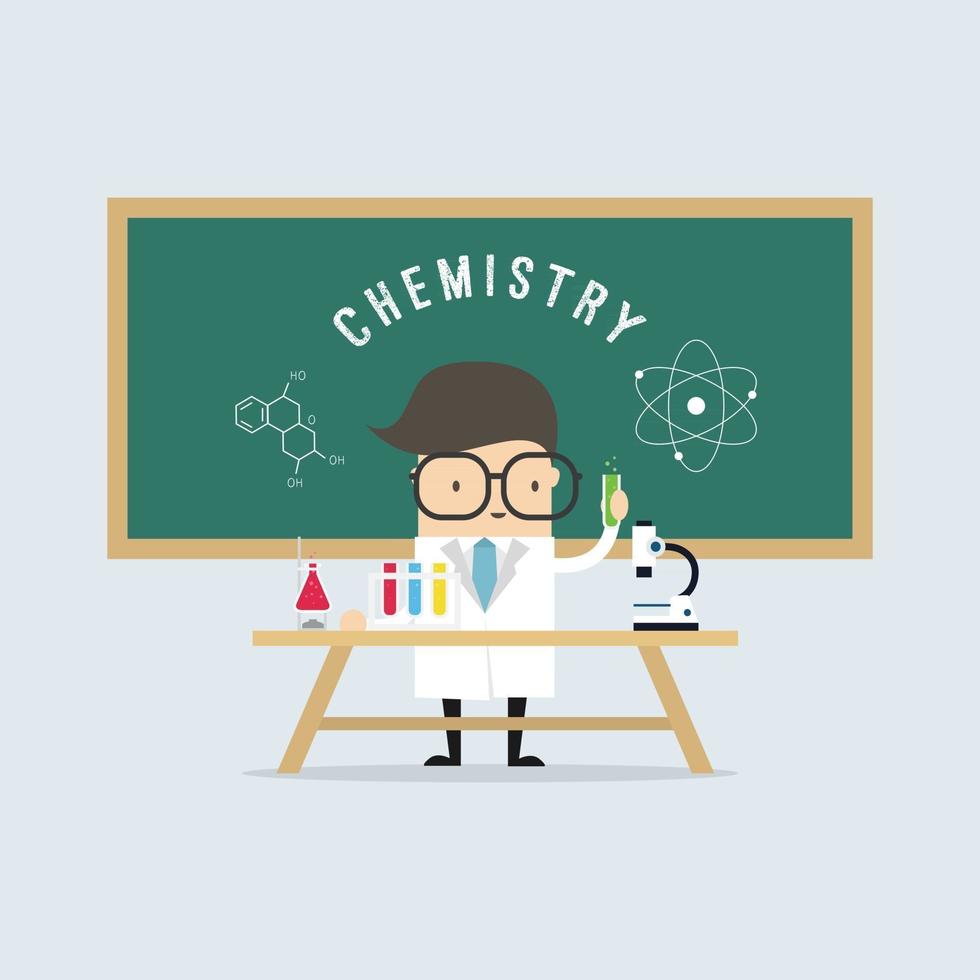 Scientist in school lab coat with chemical glassware. vector