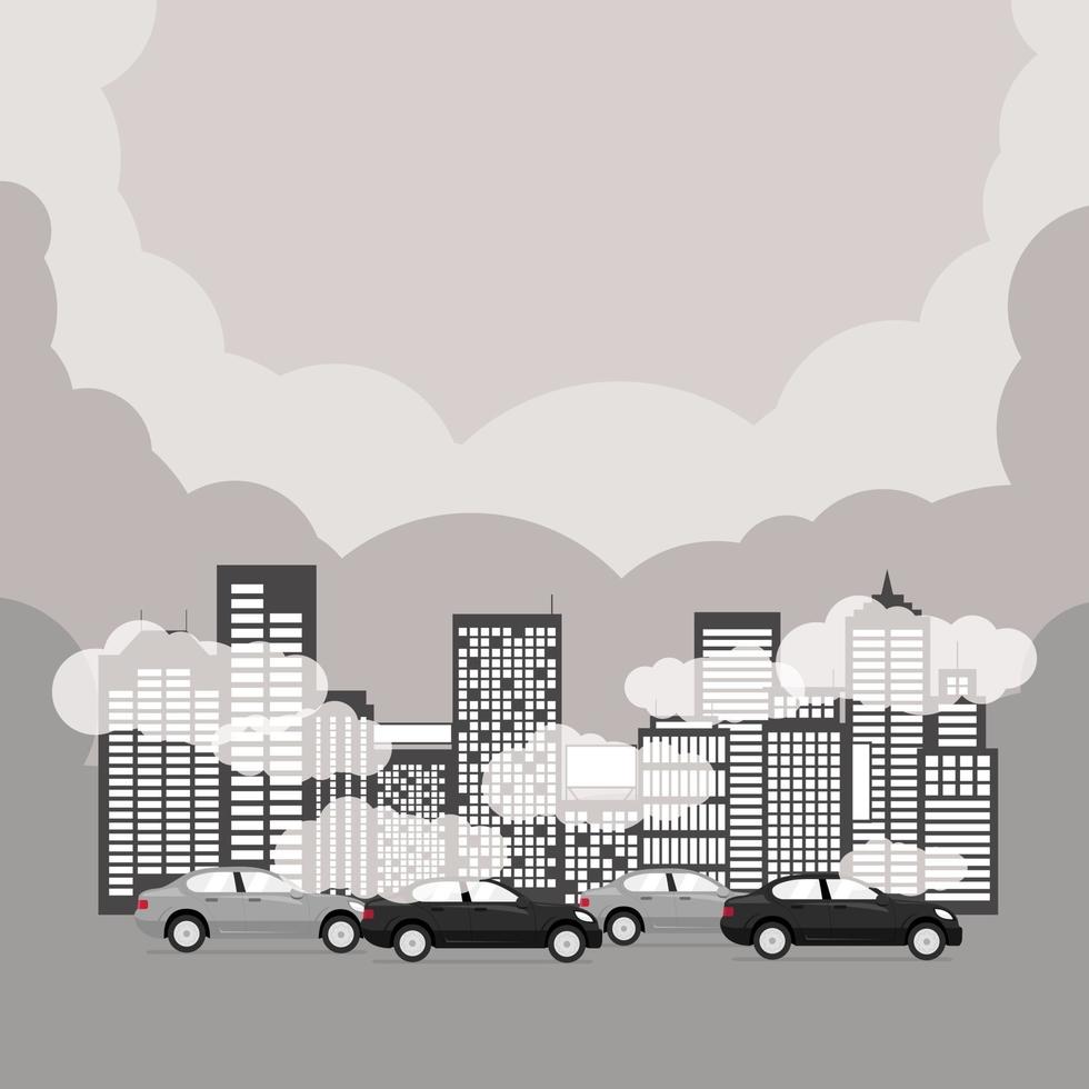 Air pollution with skyscrapers, cars in rush hour. vector