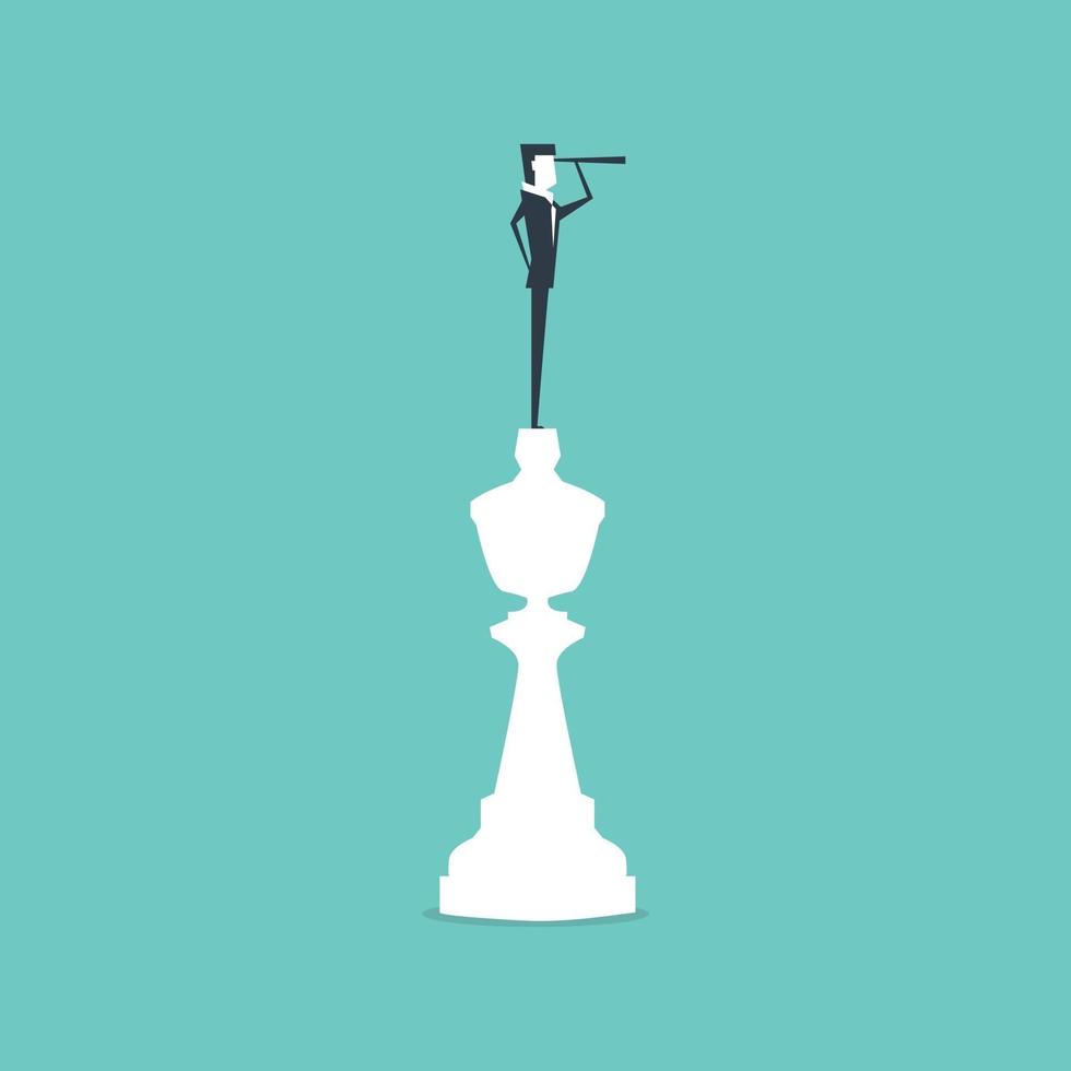 Businessman on top of horse chess piece using telescope. vector