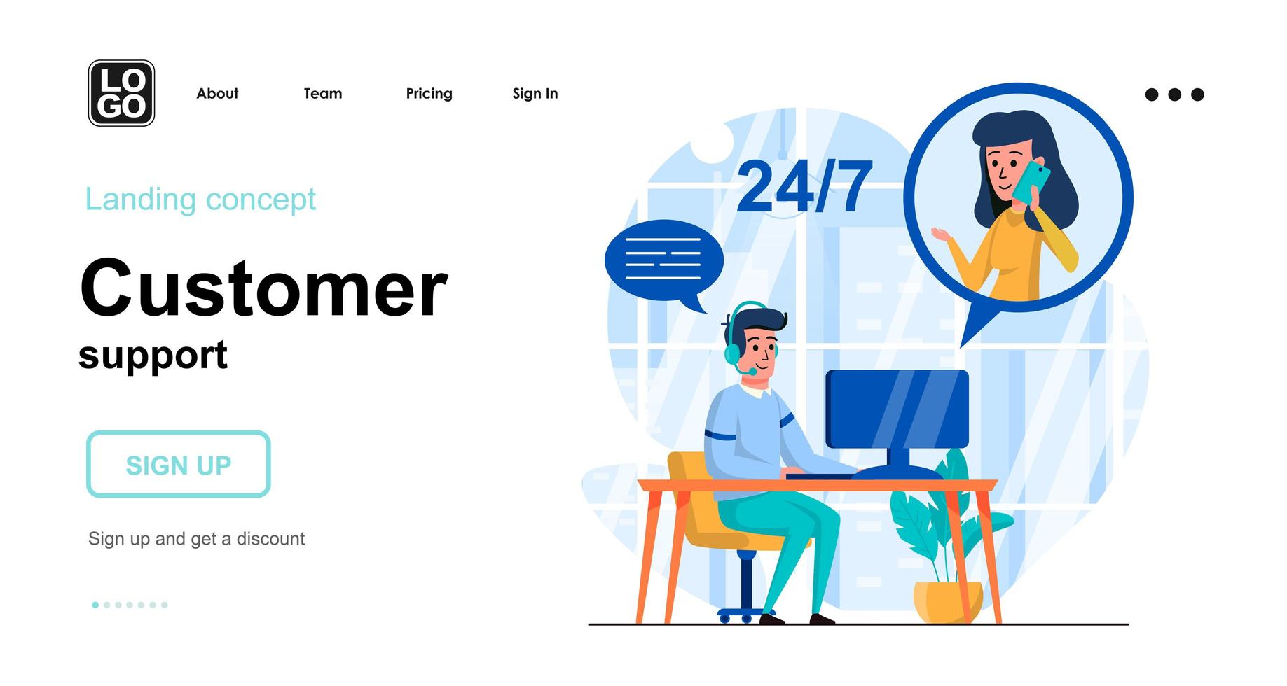 Customer support web concept landing page template vector