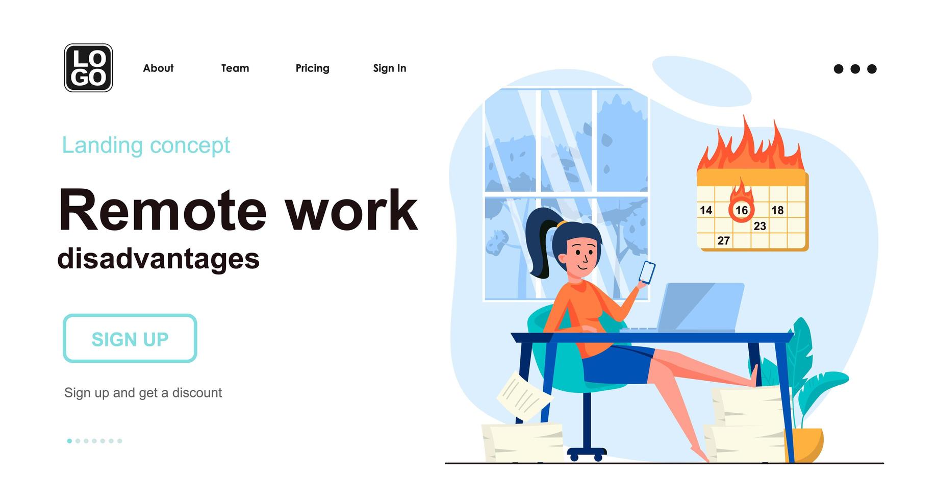 Remote work disadvantages web concept landing page template vector