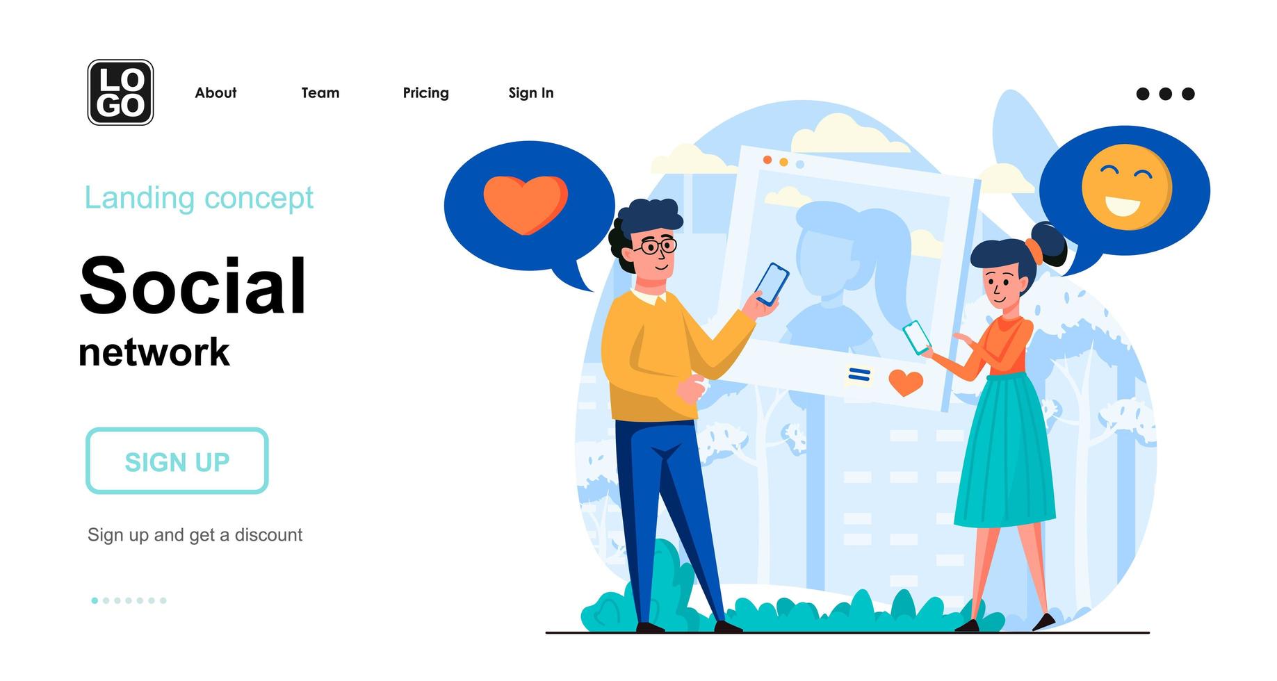 Social network web concept landing page template vector