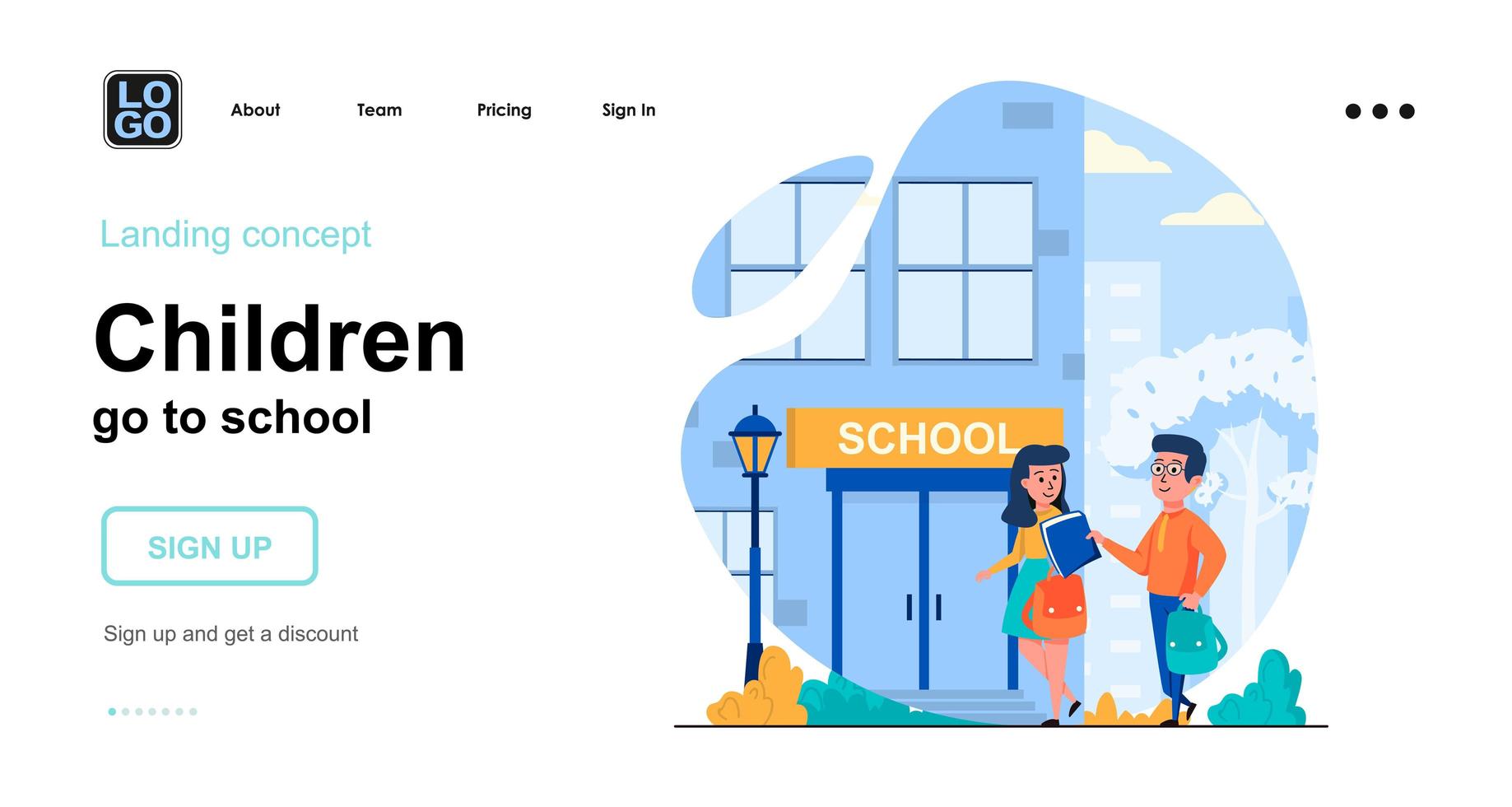los niños van a la escuela plantilla de página de destino del concepto web vector