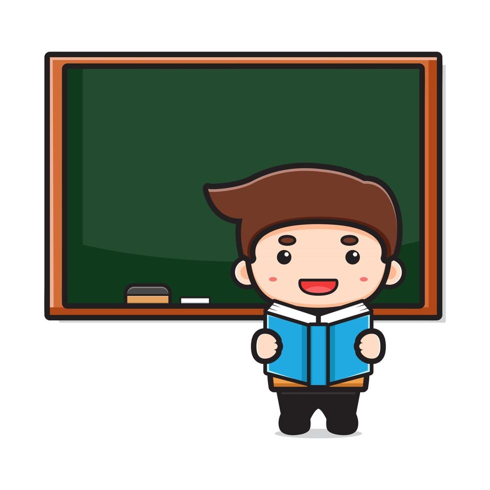 Cute teacher  in classroom pointing reading book cartoon illustration vector