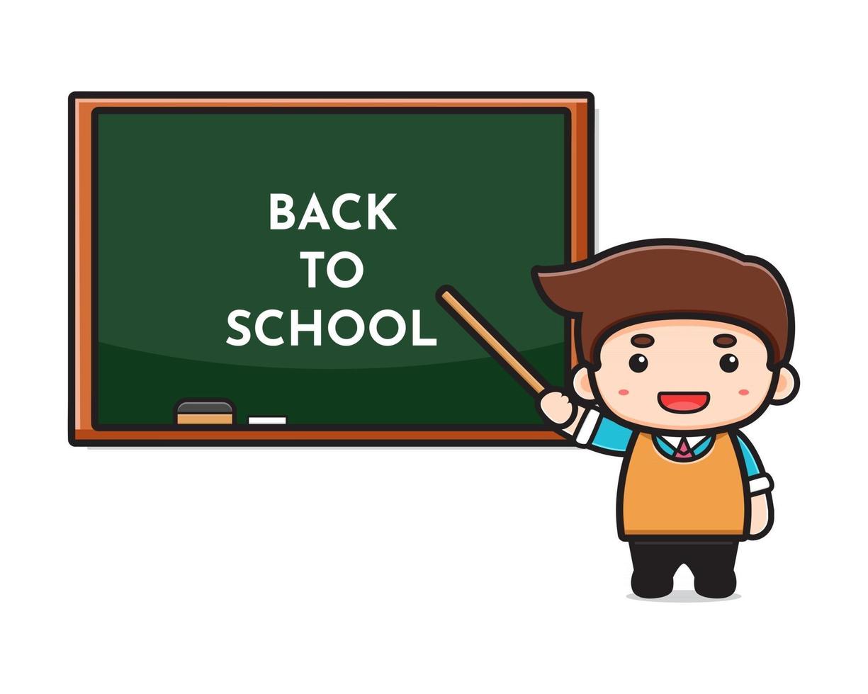 Cute teacher  in classroom pointing to chalkboard cartoon illustration vector