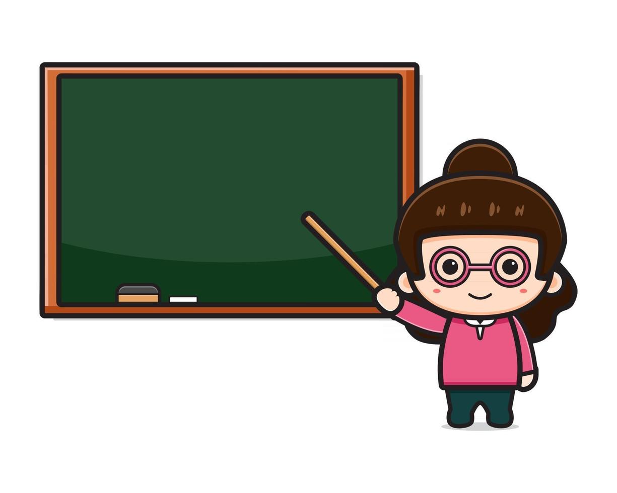 Cute teacher  in classroom pointing to chalkboard cartoon illustration vector