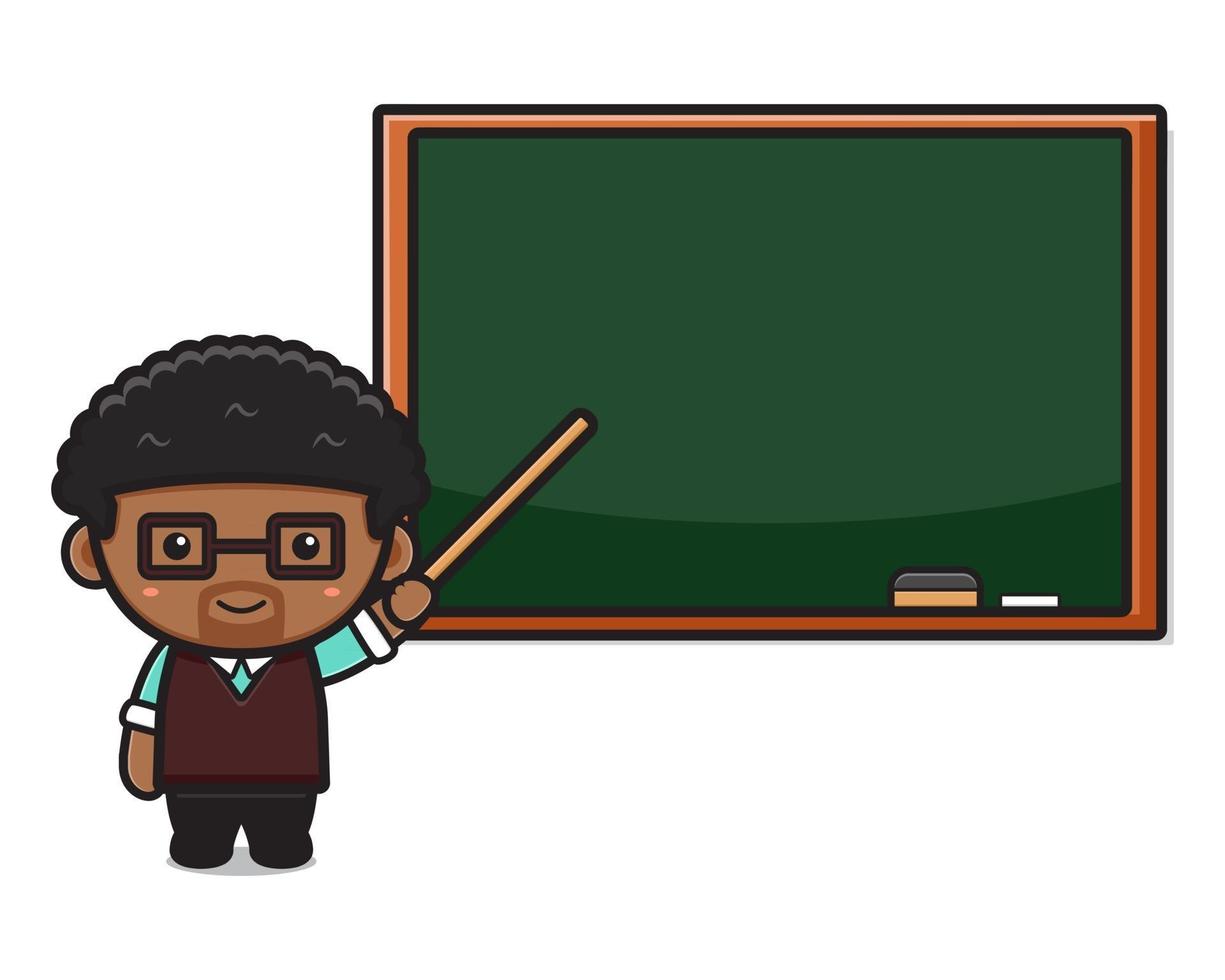 Cute teacher in classroom pointing to chalkboard cartoon illustration