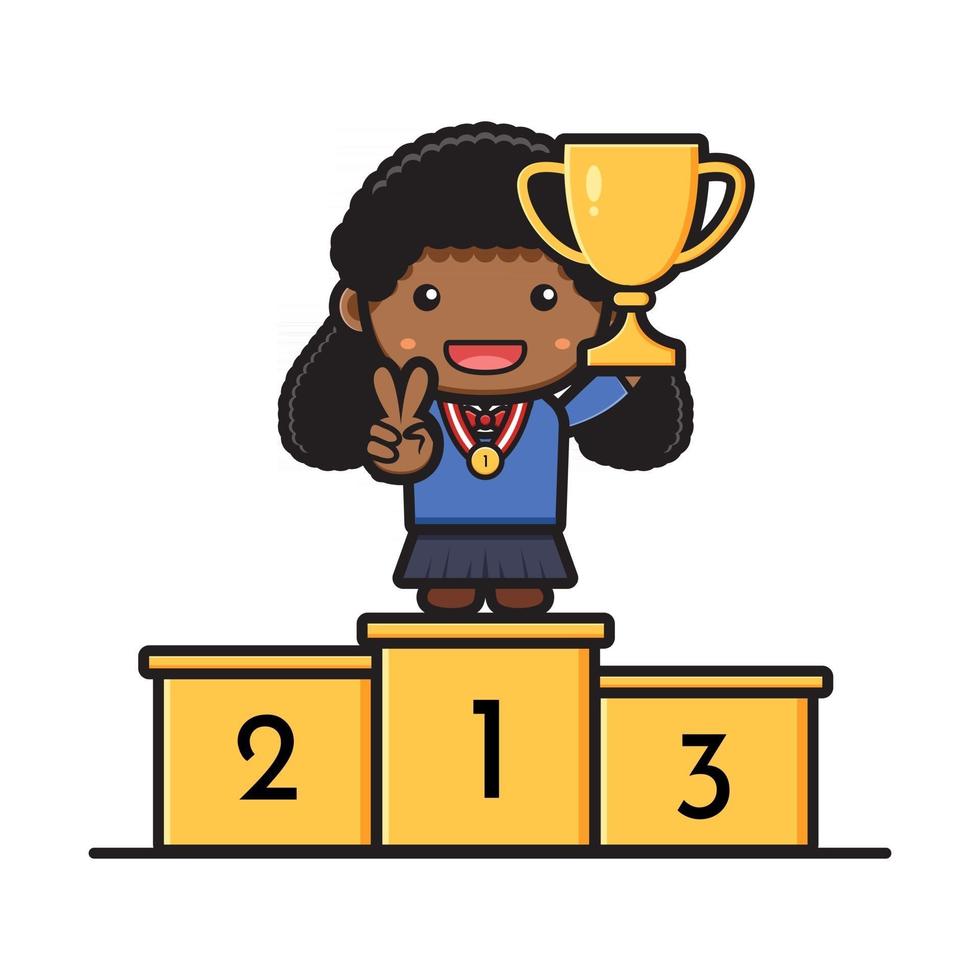 Cute girl student standing on podium  holding trophy illustration vector