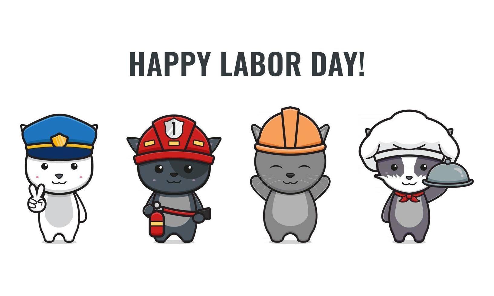 Set of cute cat celebrate labor day cartoon icon vector illustration