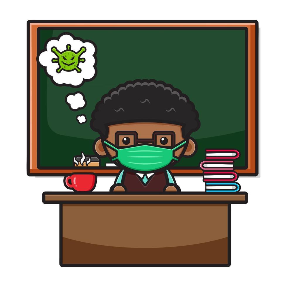 Cute teacher sitting in classroom cartoon icon illustration vector