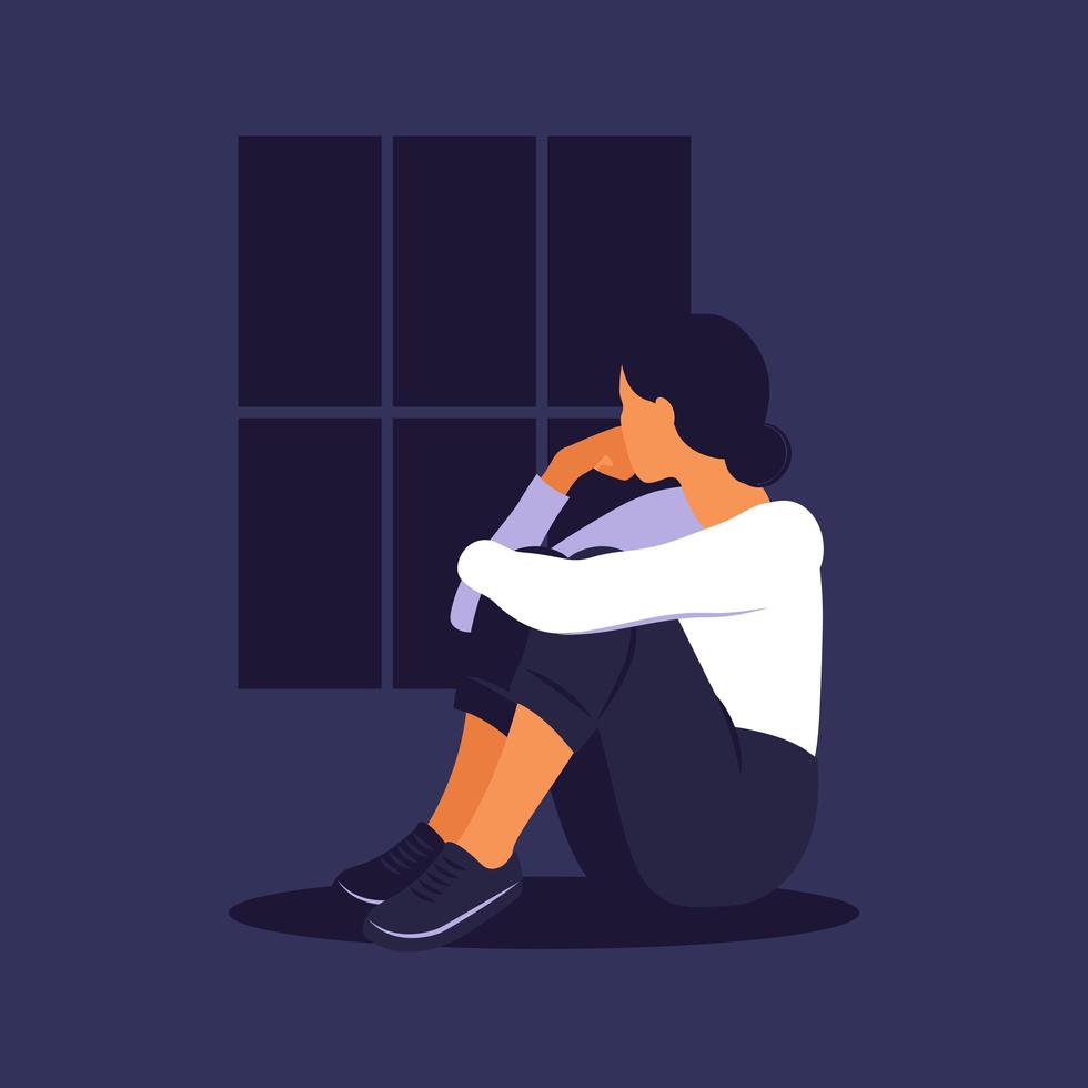Woman in depression with bewildered thoughts in her mind. vector