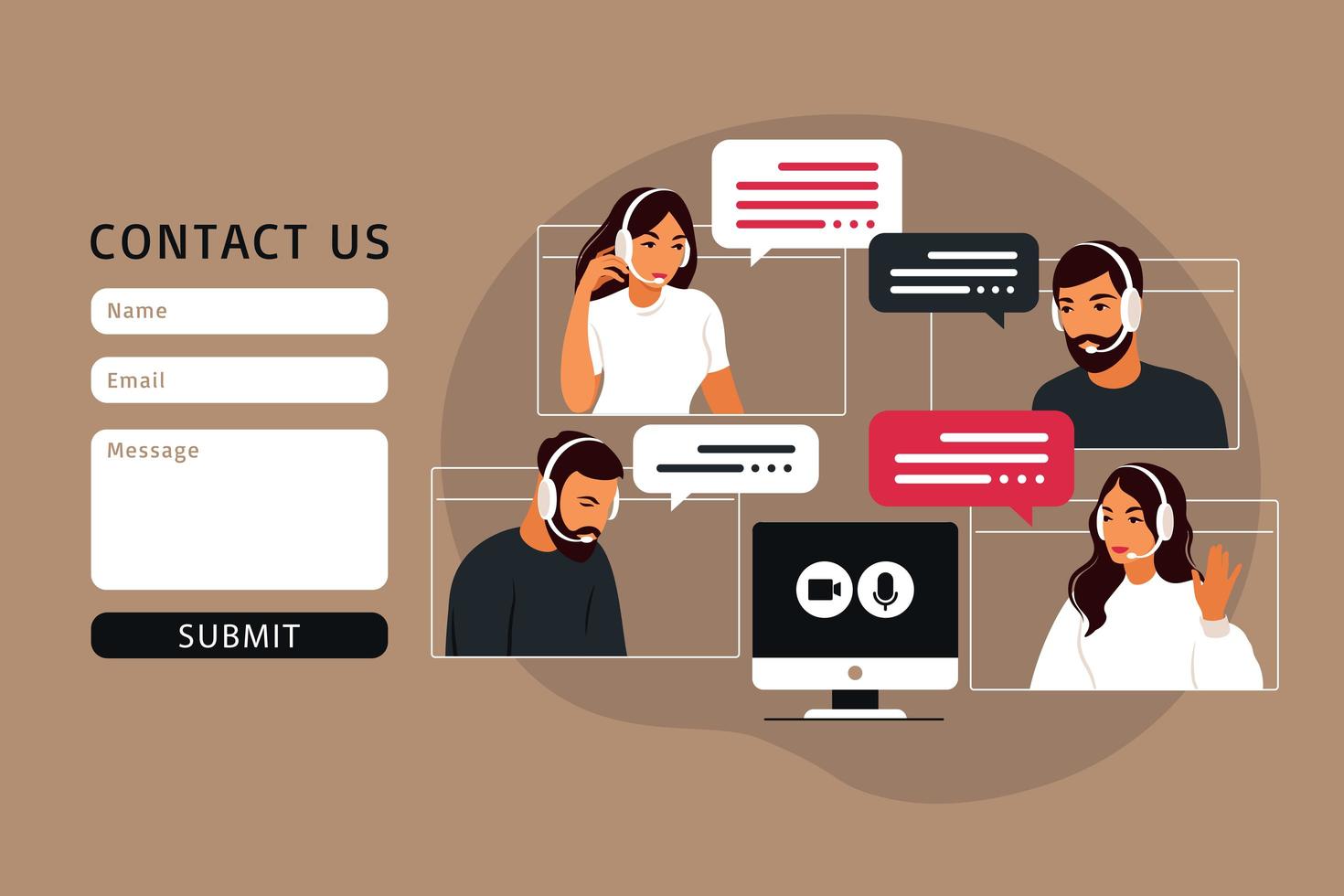 Contact us form template for web. Video meeting of people group. vector