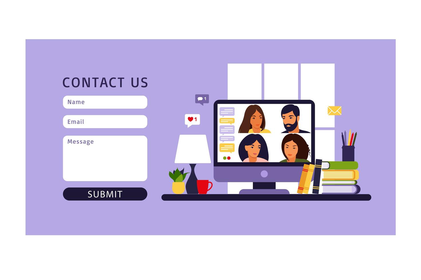 Contact us form. Video conference. Remote work, technology concept. vector