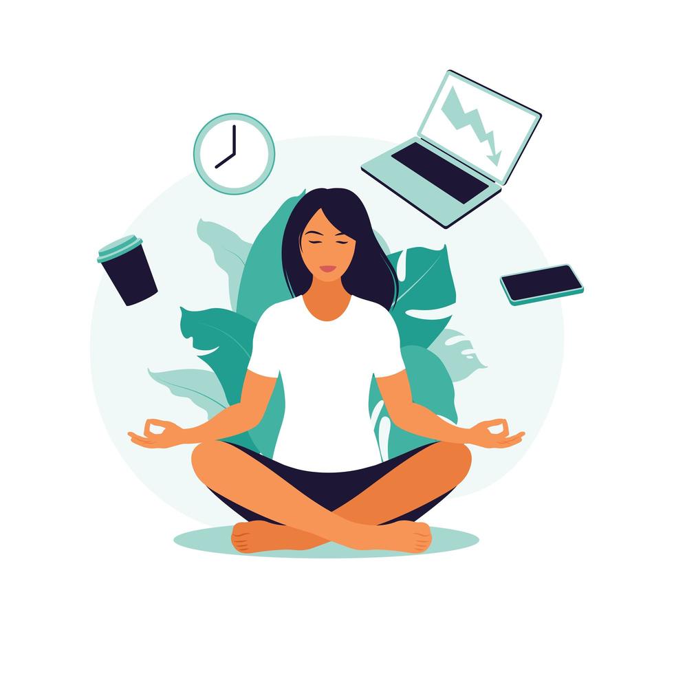 concepto de gestión del tiempo. mujer de negocios practicando meditación. vector