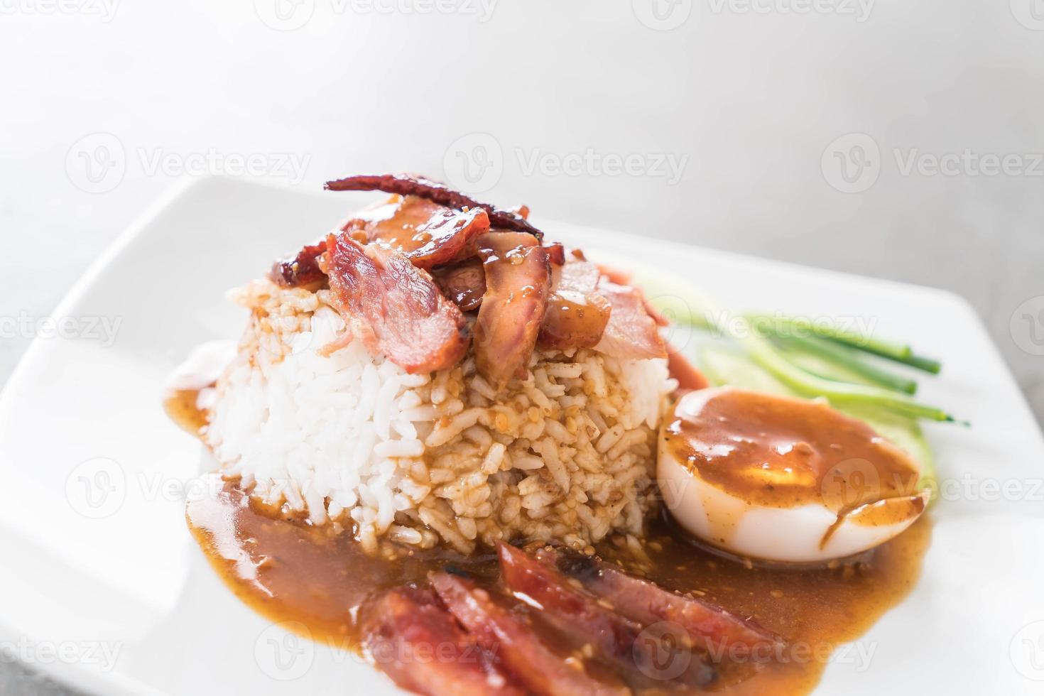Barbecued red pork in sauce with rice photo