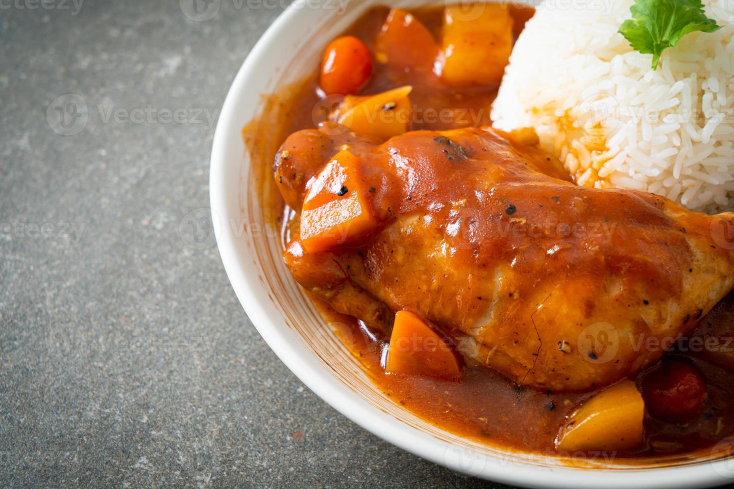 Estofado de pollo casero con tomates, cebollas, zanahoria y patatas en un plato con arroz foto