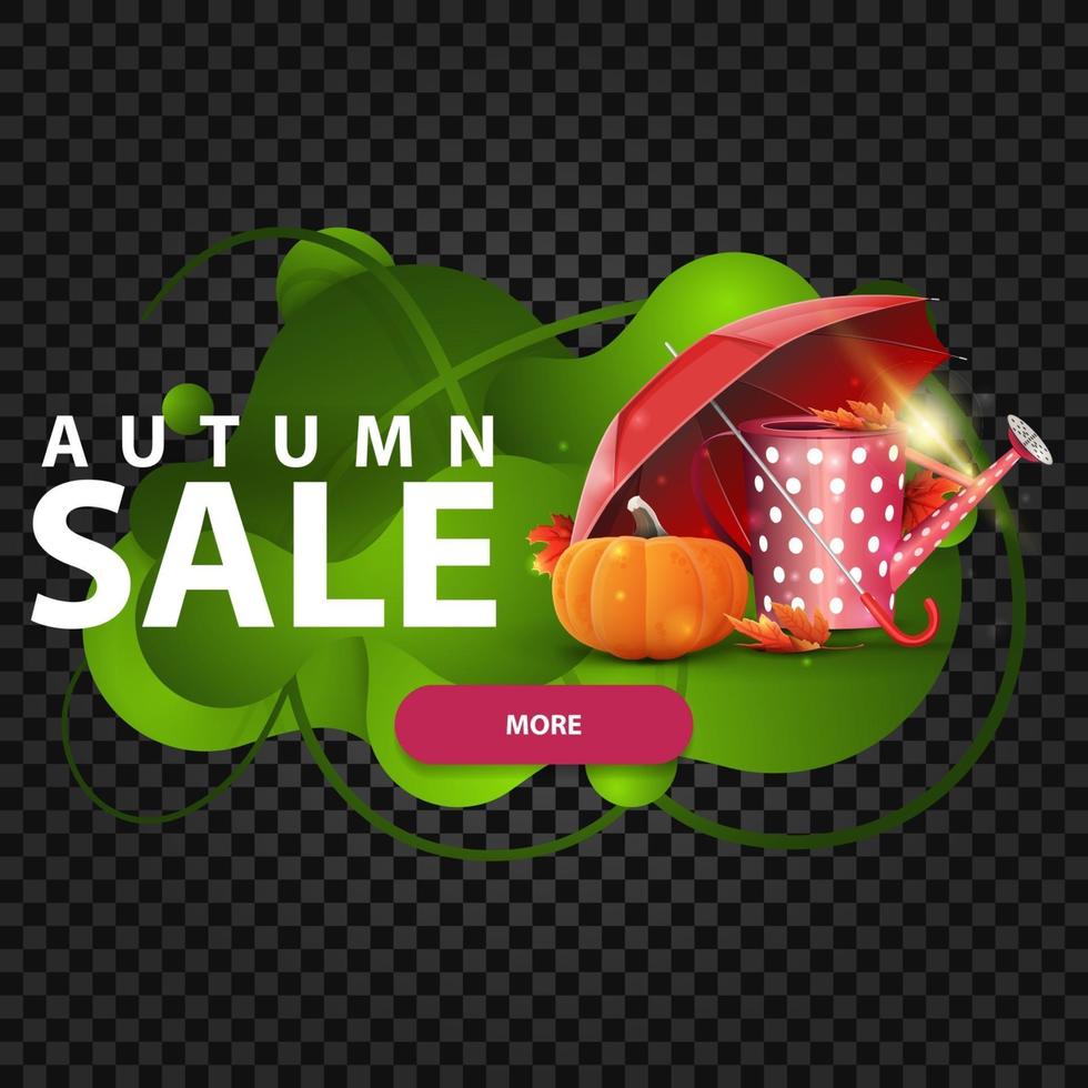 venta de otoño, pancarta con regadera de jardín, paraguas y calabaza madura. vector