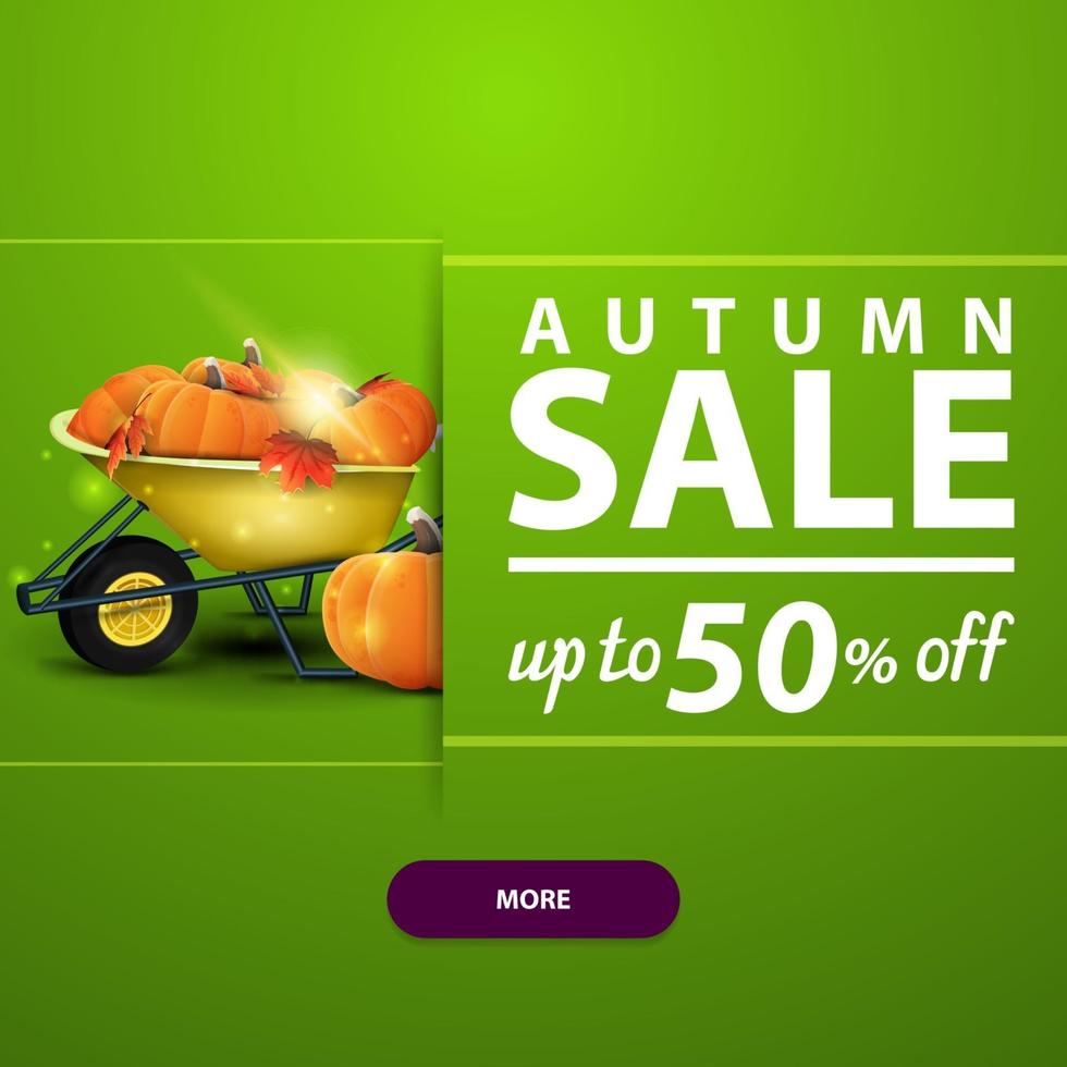 Autumn sale, banner with garden wheelbarrow with harvest of pumpkins vector