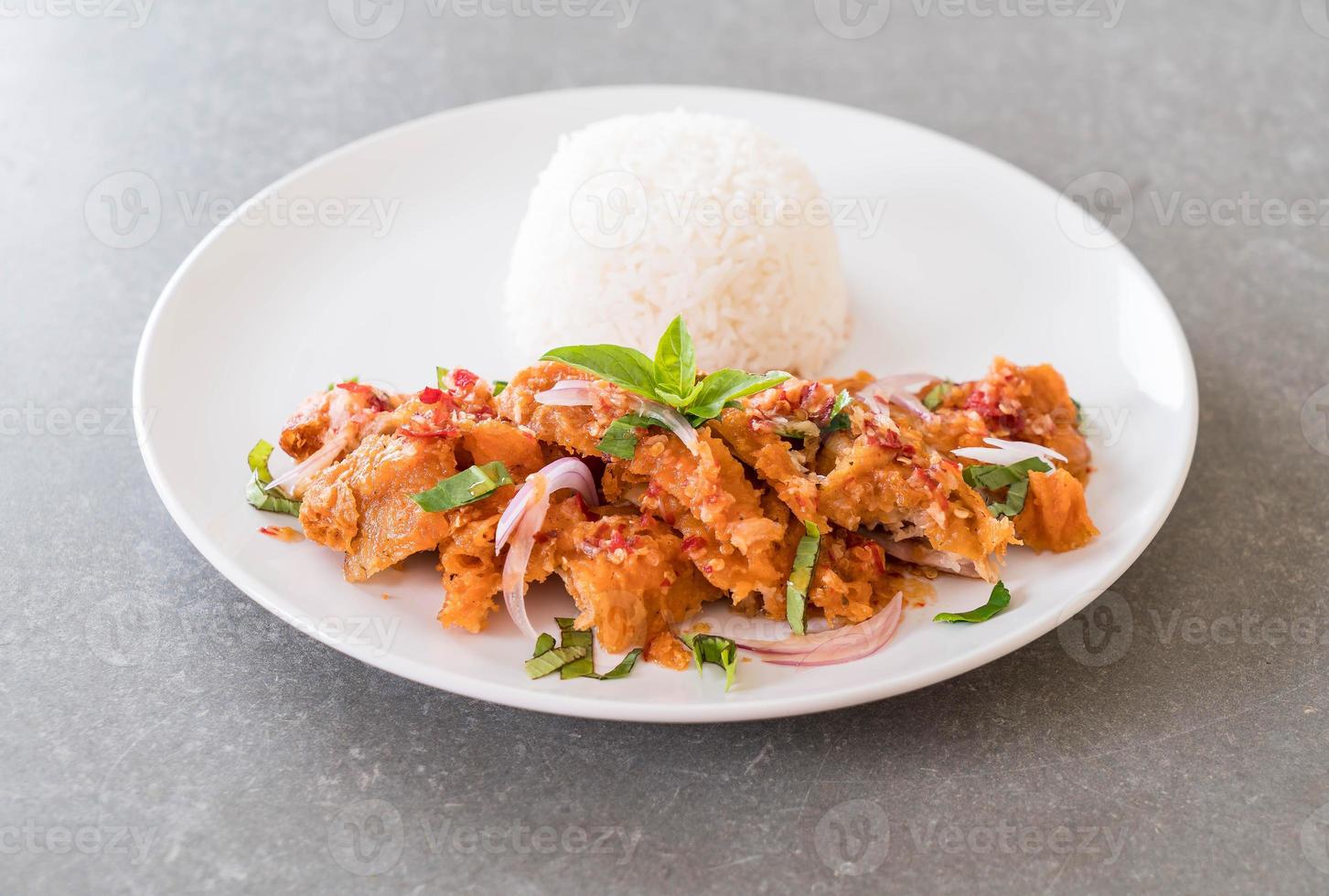 Spicy salad with fried chicken with rice photo