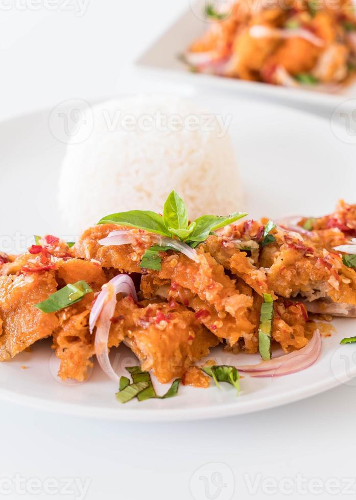 Spicy salad with fried chicken with rice photo